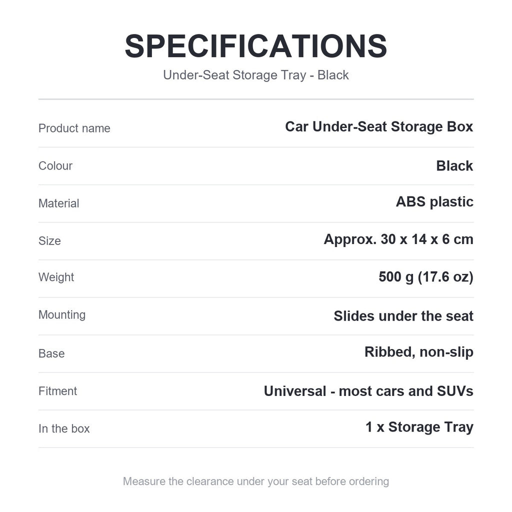 Under-seat storage box specification sheet