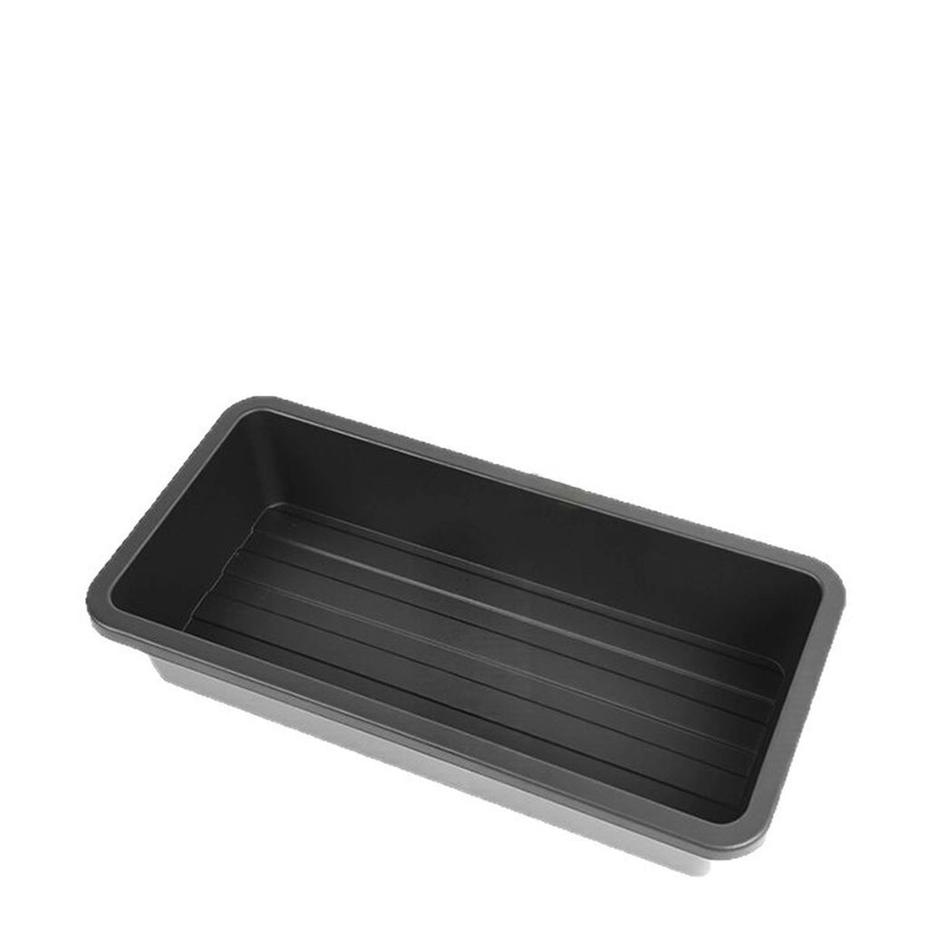 Black ABS under-seat storage tray on a white background