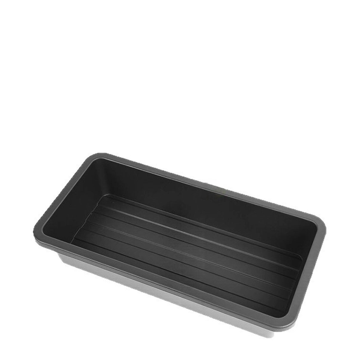 Black ABS under-seat storage tray on a white background