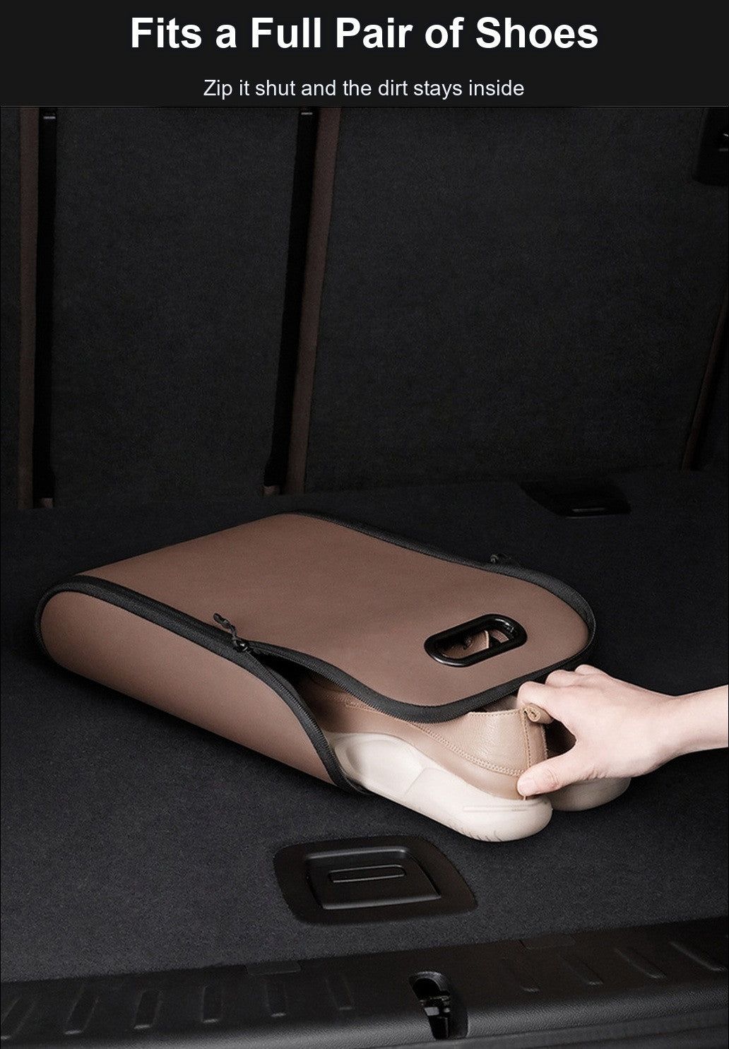 A pair of shoes being placed into the zipped car shoe box in the trunk