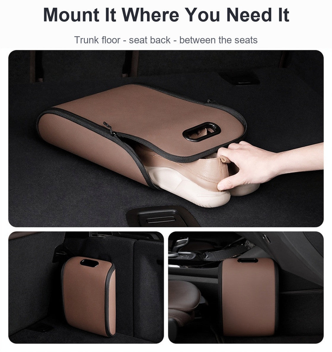 Car shoe box mounted on the trunk floor, the seat back and between the seats