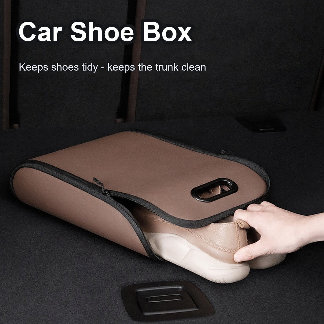 Brown car shoe box holding a pair of shoes in a car trunk