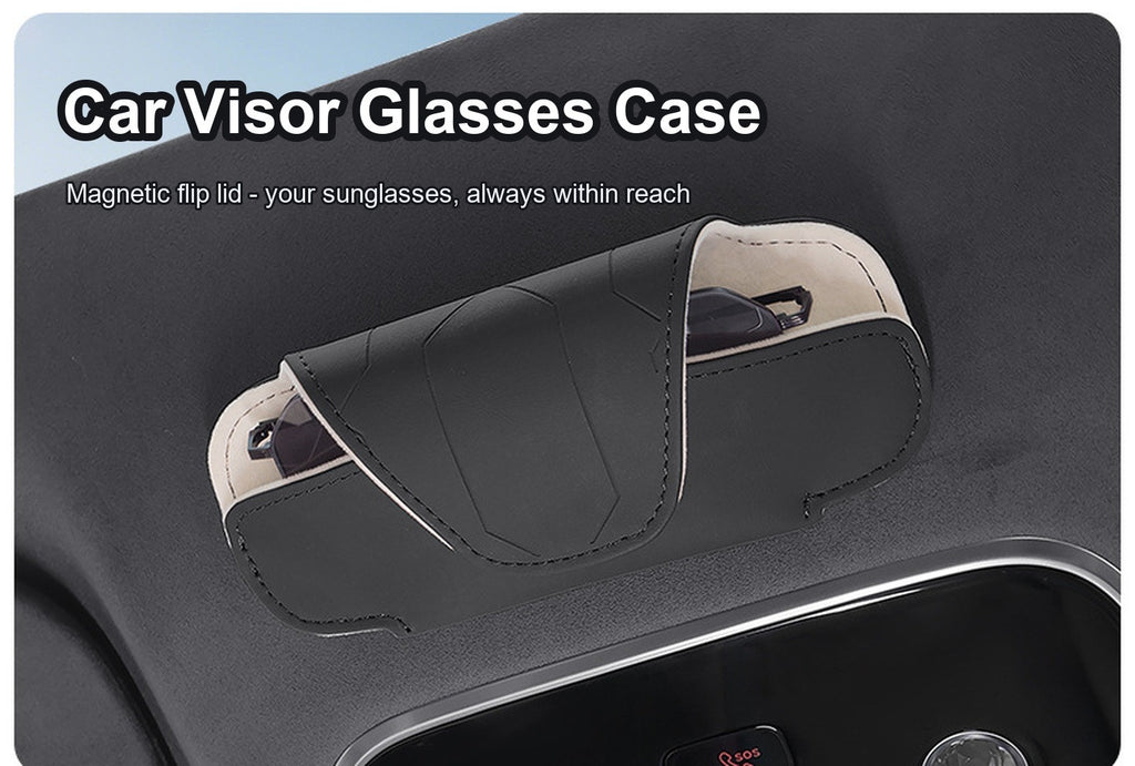 Black car visor glasses case mounted on the sun visor of a car