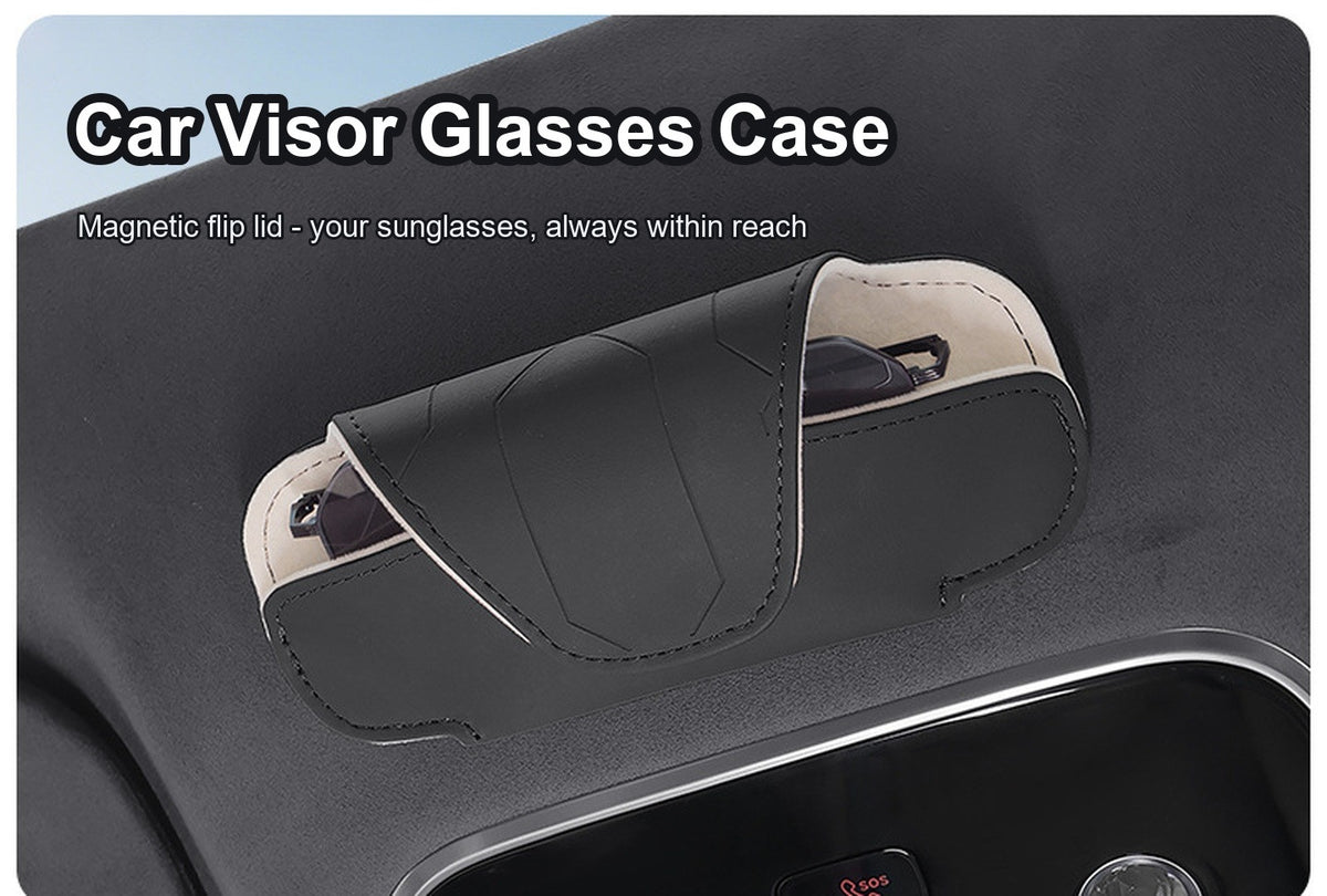 Black car visor glasses case mounted on the sun visor of a car