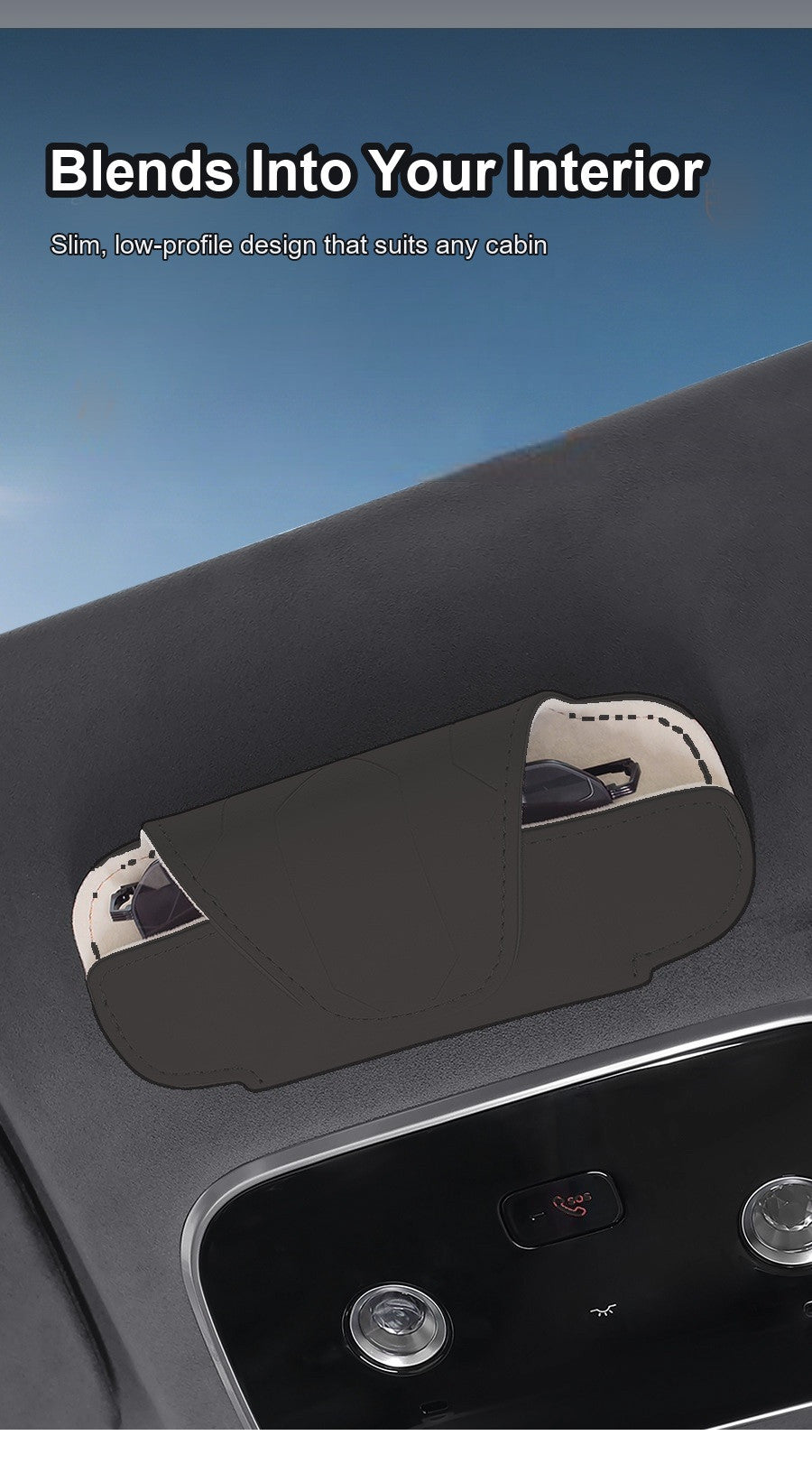 Black car visor glasses case blending into a grey car interior