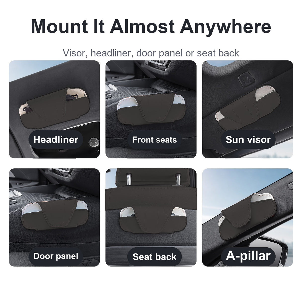 Glasses case mounted in different spots inside a car: headliner, front seats, sun visor, door panel, seat back and A-pillar
