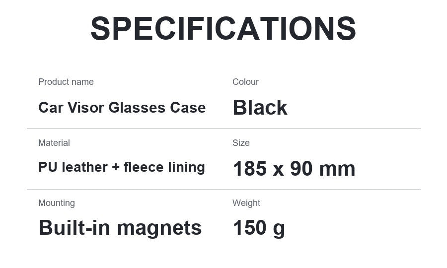 Car visor glasses case specifications sheet