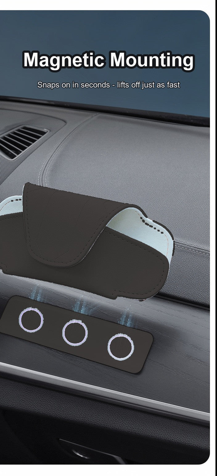 Magnetic glasses case attached to the dashboard next to its magnetic strip