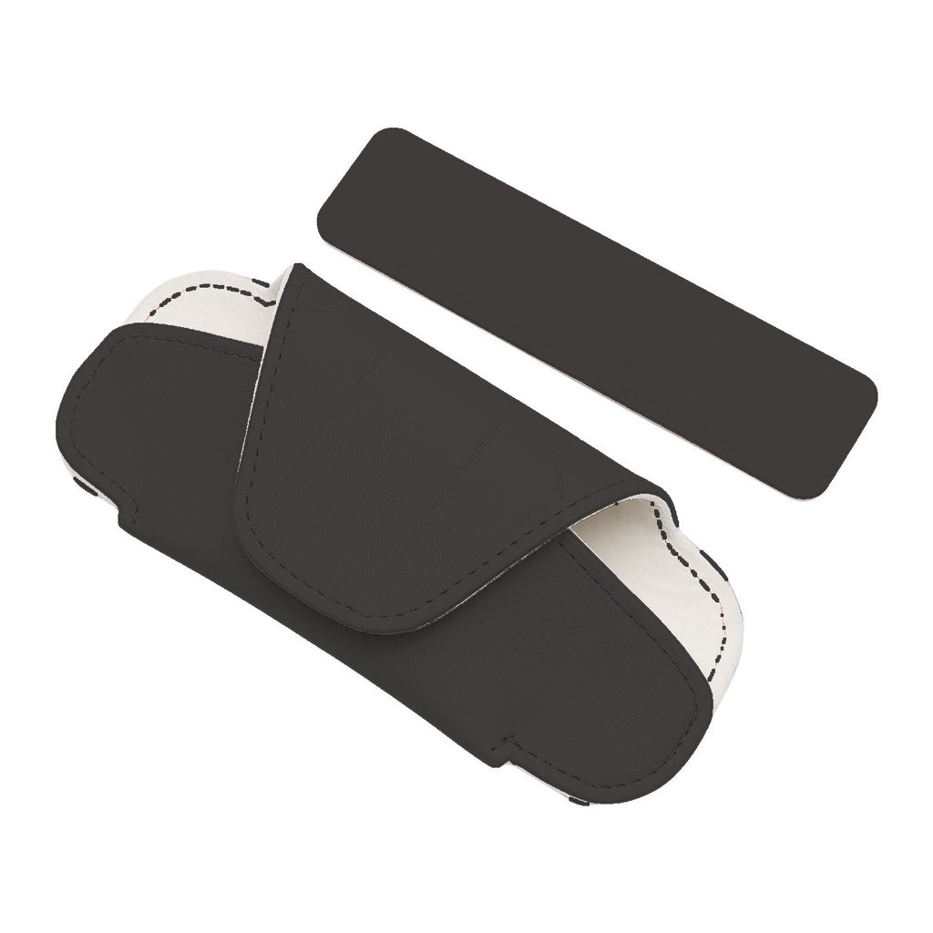 Black magnetic glasses case with its separate magnetic strip on a white background
