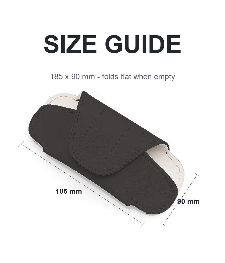 Glasses case size guide showing a length of 185 mm and a width of 90 mm