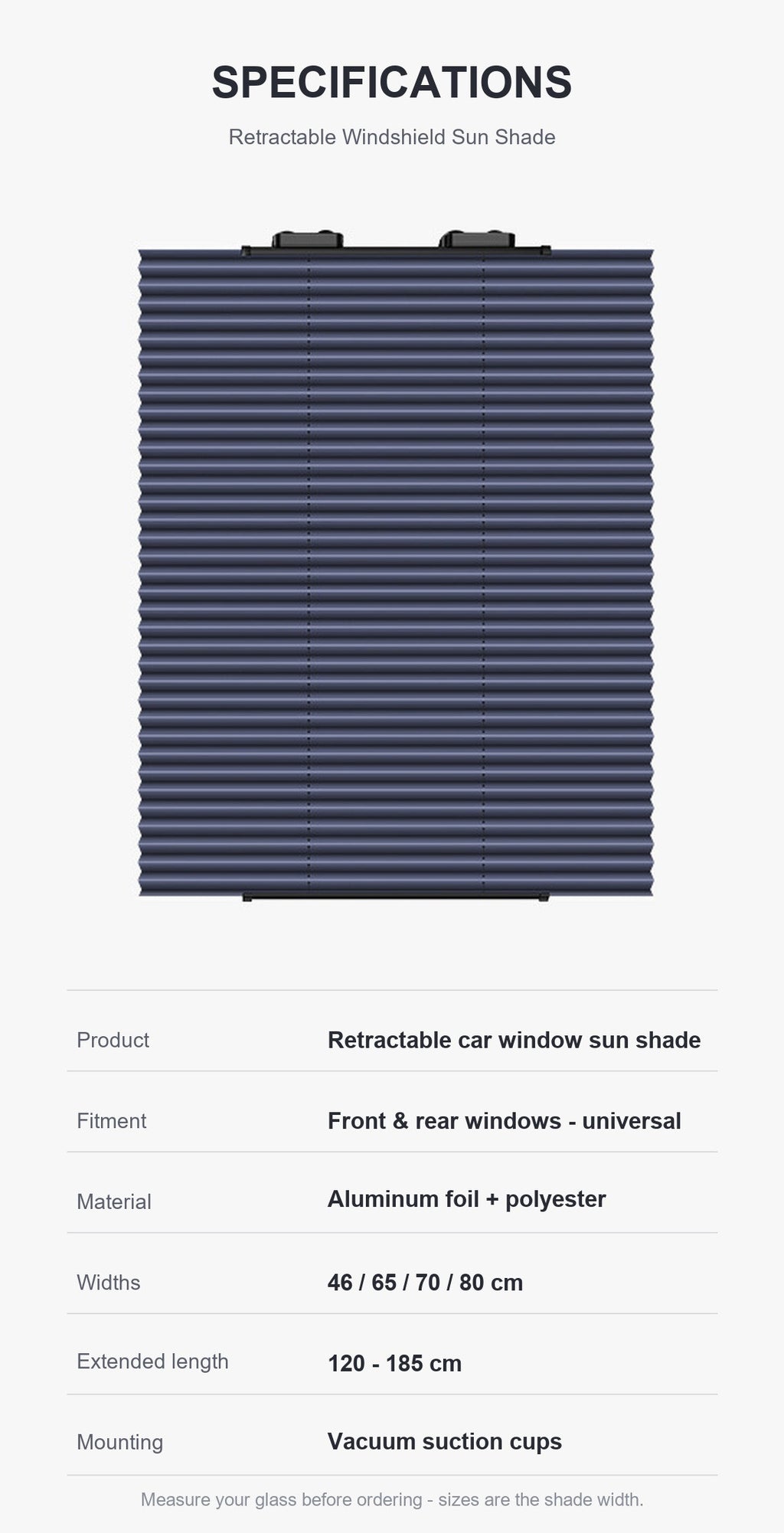 Retractable car window sun shade specification sheet