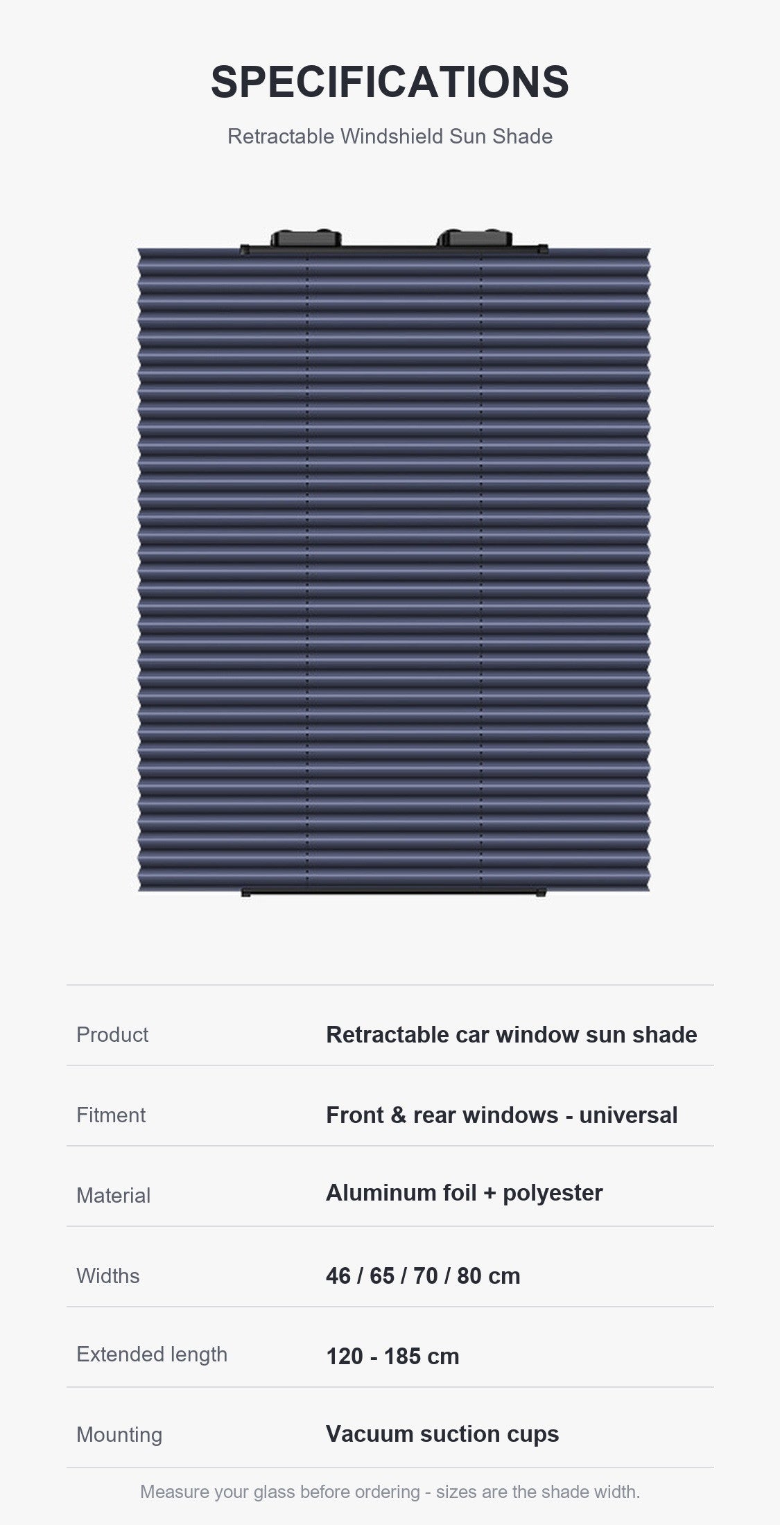 Retractable car window sun shade specification sheet