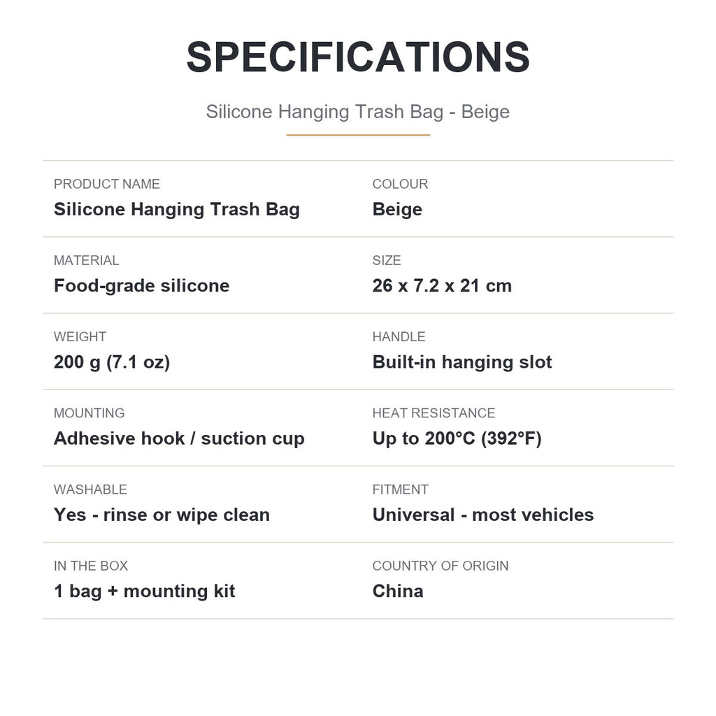 Silicone hanging car trash bag specification sheet