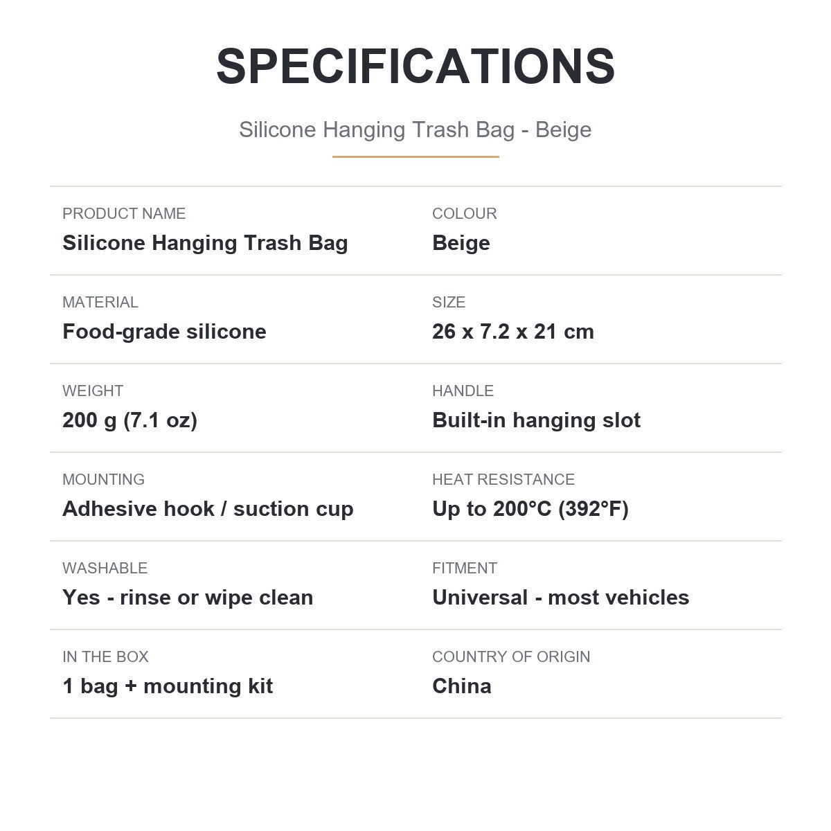 Silicone hanging car trash bag specification sheet