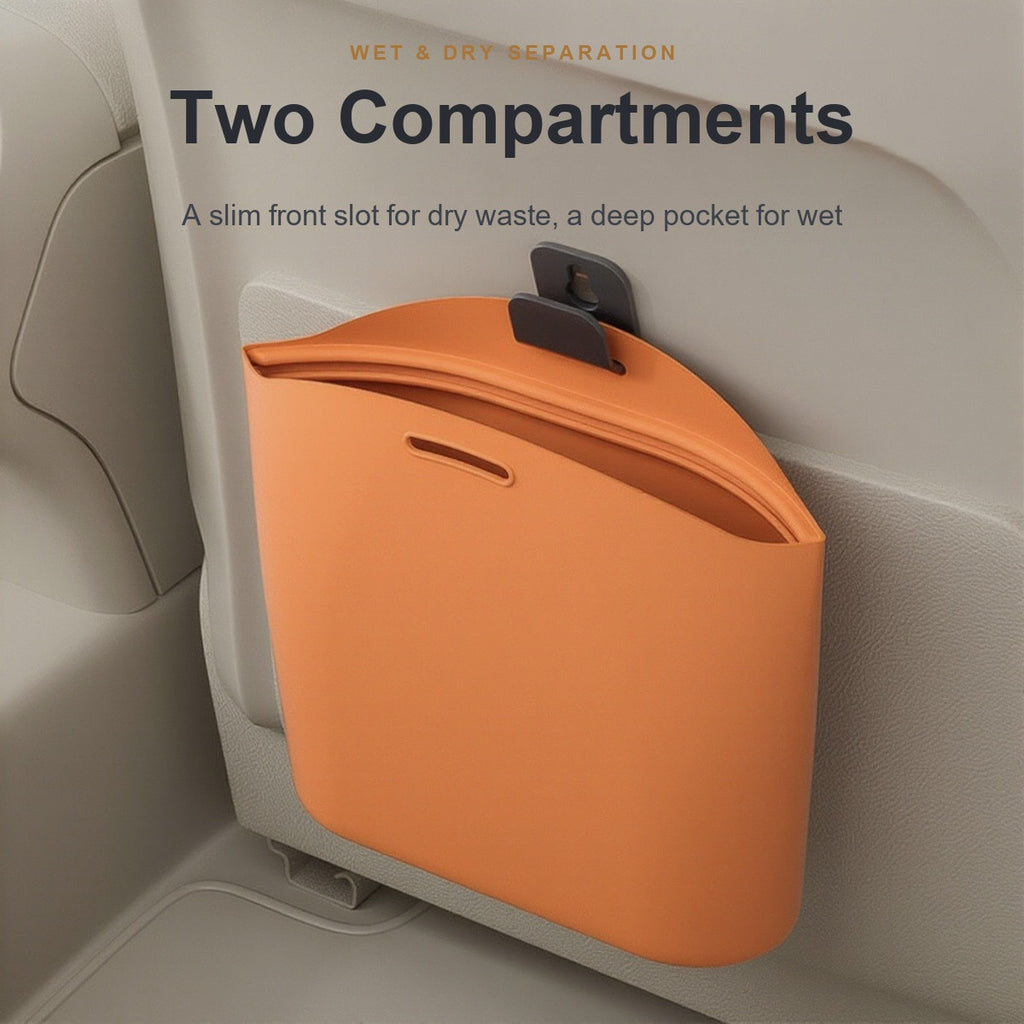 Car trash bag with a slim front slot and a deep wet-waste pocket