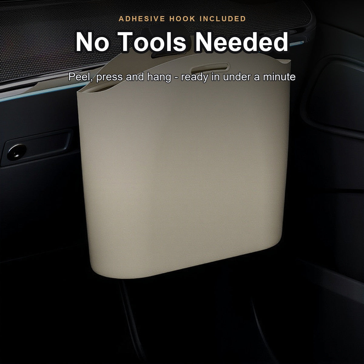 Trash bag clipped onto the lower dashboard with the adhesive hook