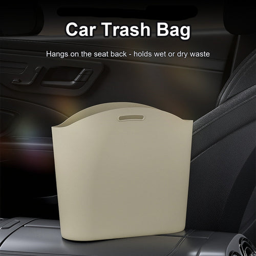 Beige silicone car trash bag hanging on a car seat back