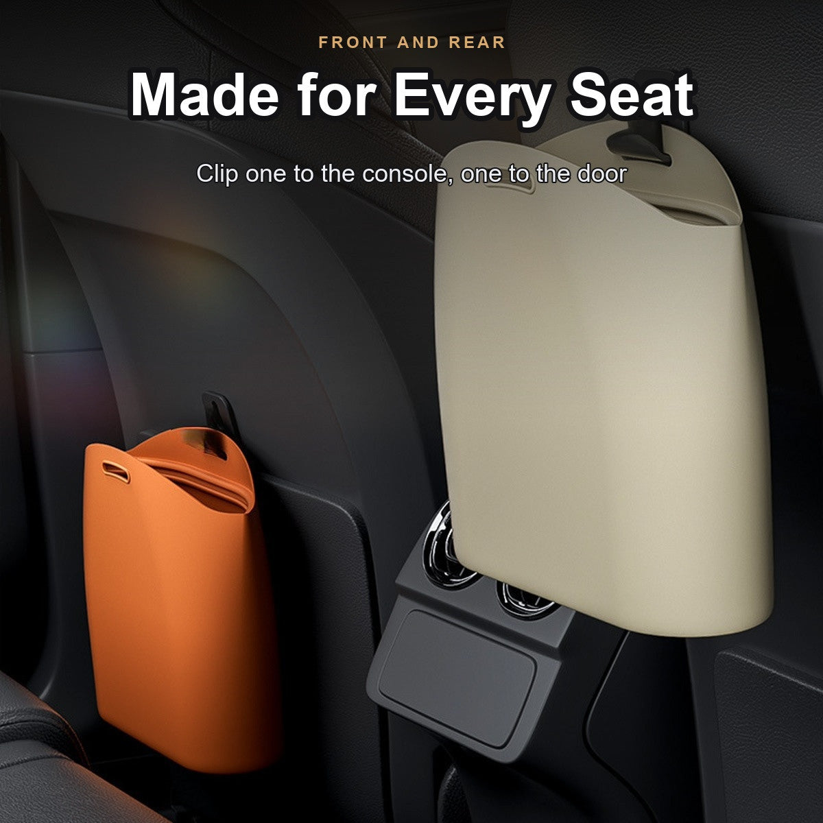 Two trash bags mounted on the console and the door panel