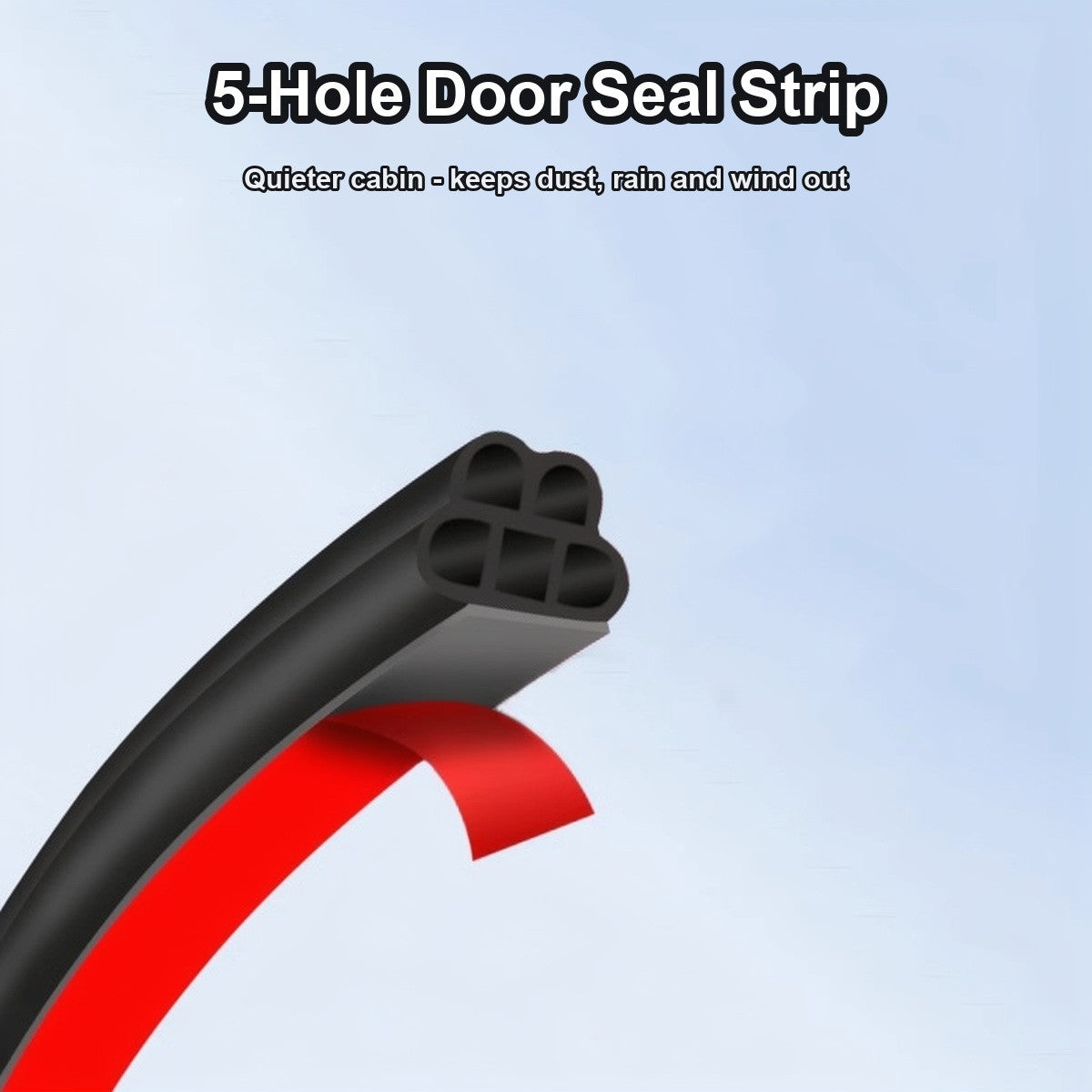 Close-up of the 5-hole black rubber car door seal strip profile against a blue sky