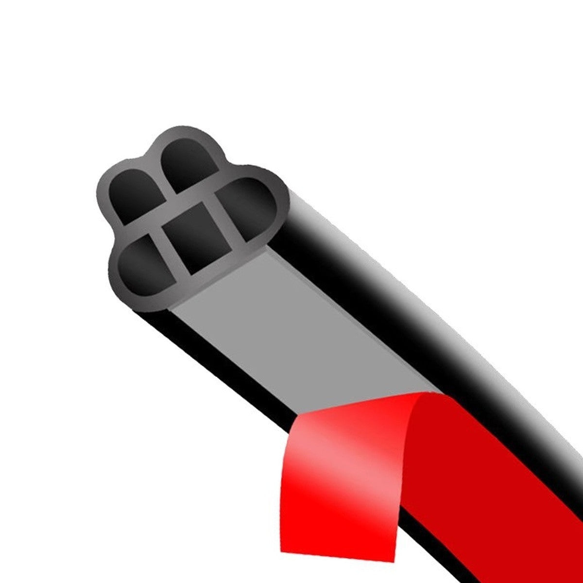 3D render of the 5-hole seal strip cross-section with red self-adhesive backing