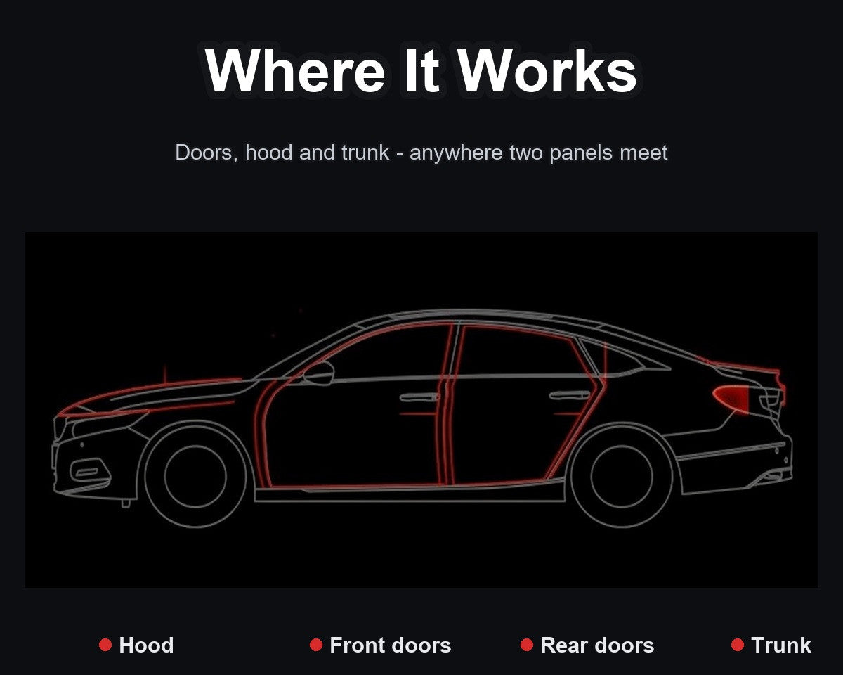 Car outline highlighting where the seal strip fits - hood, doors and trunk