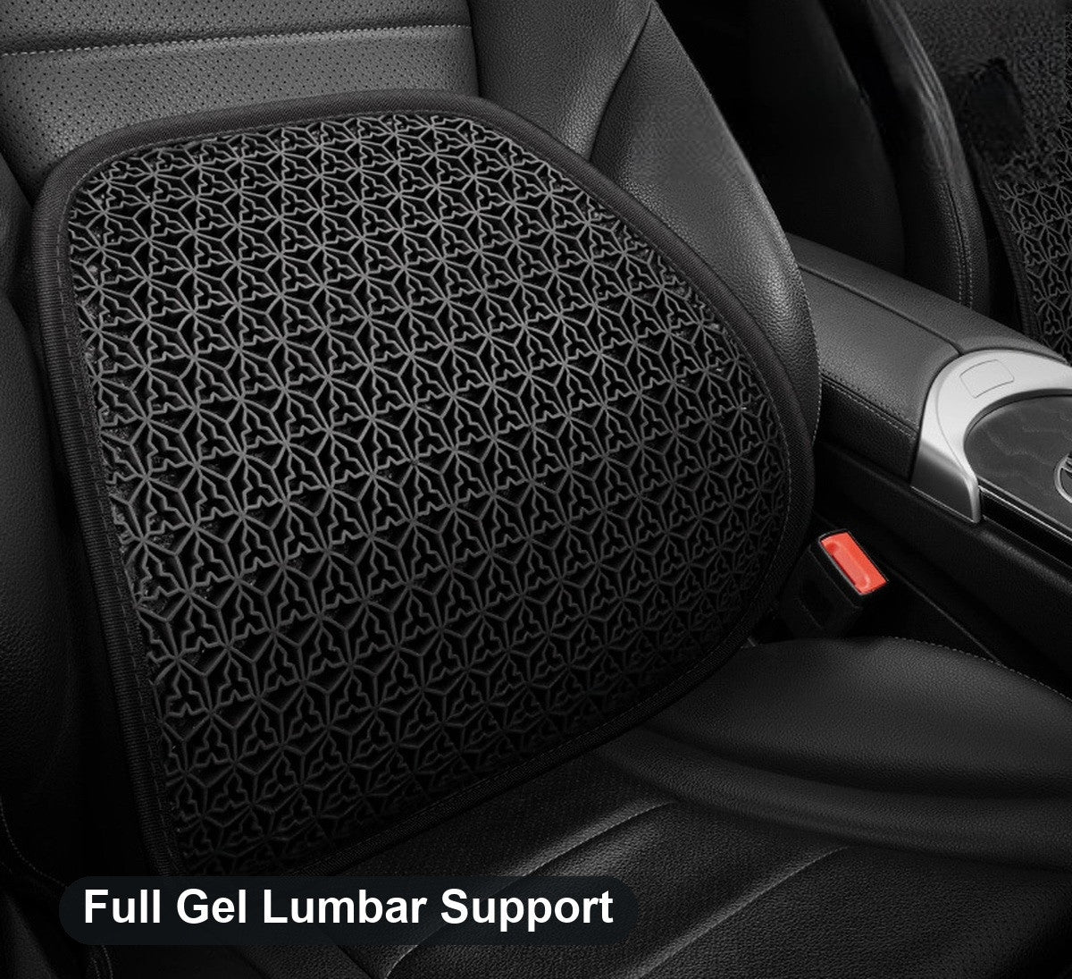 Full gel lumbar support cushion fitted on a car seat back