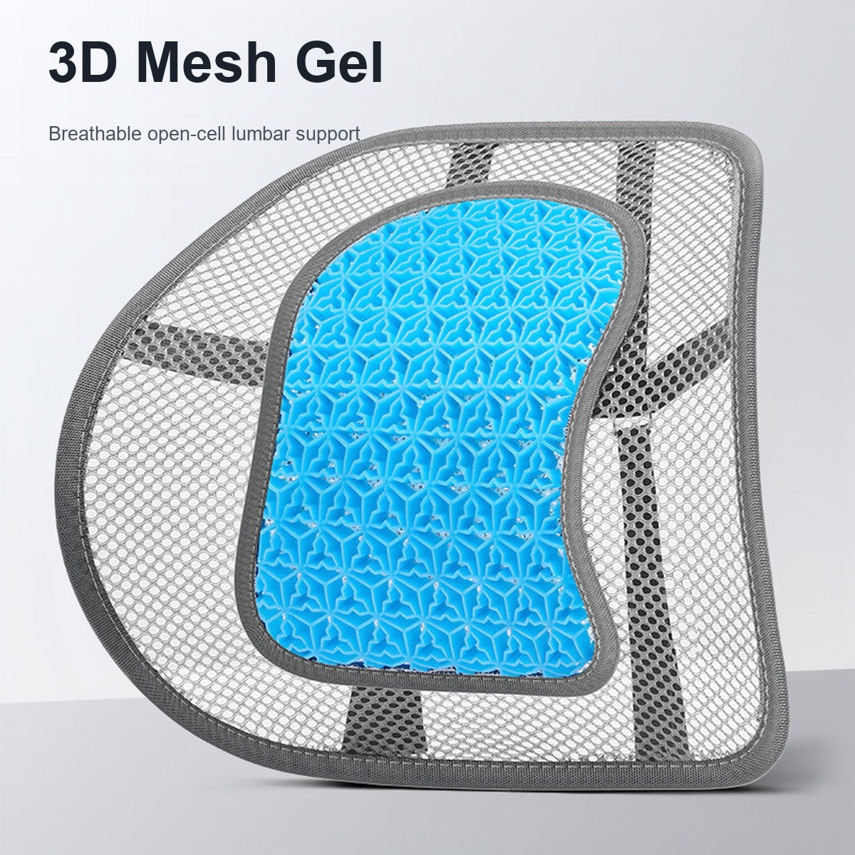 3D mesh gel lumbar support with breathable open-cell design and blue gel core