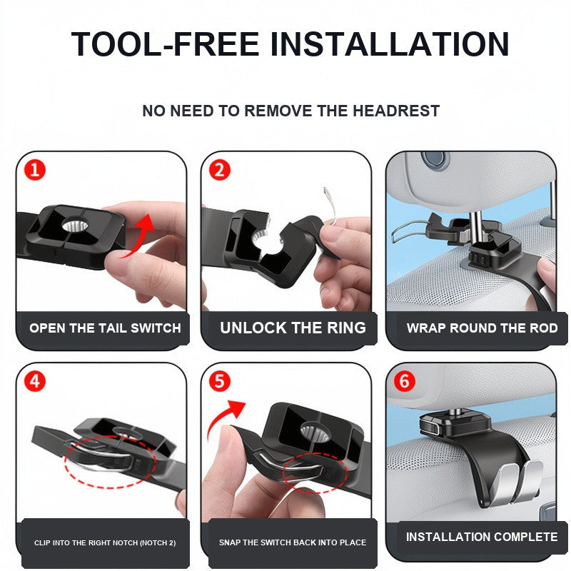 Car headrest hook tool-free installation in three steps