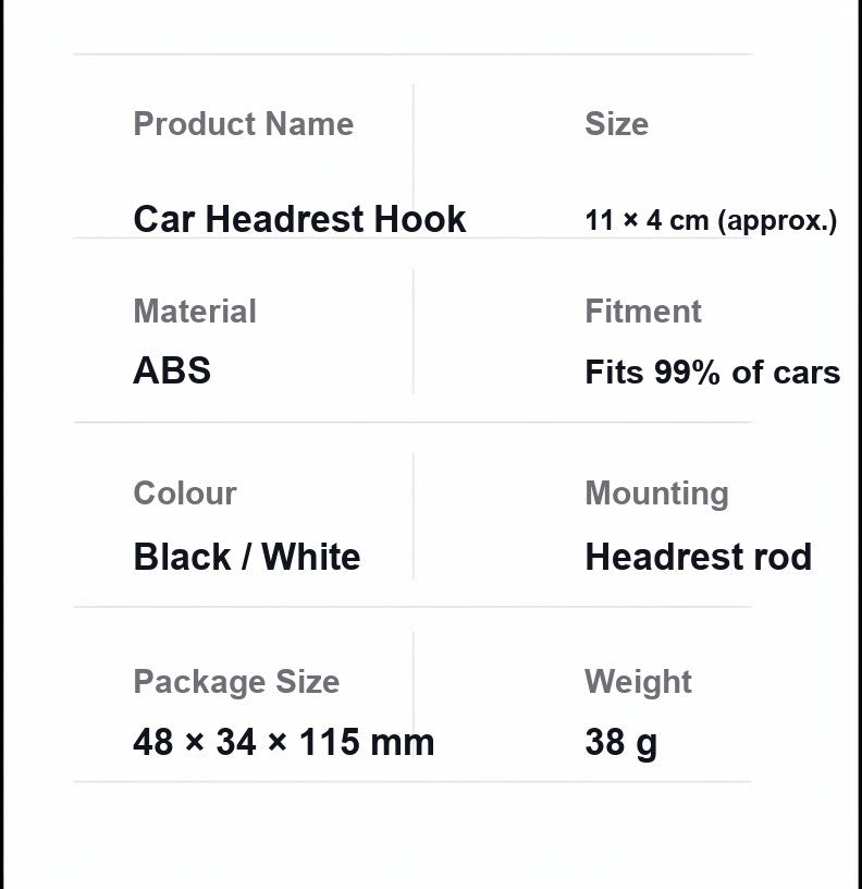 Car headrest hook product specifications