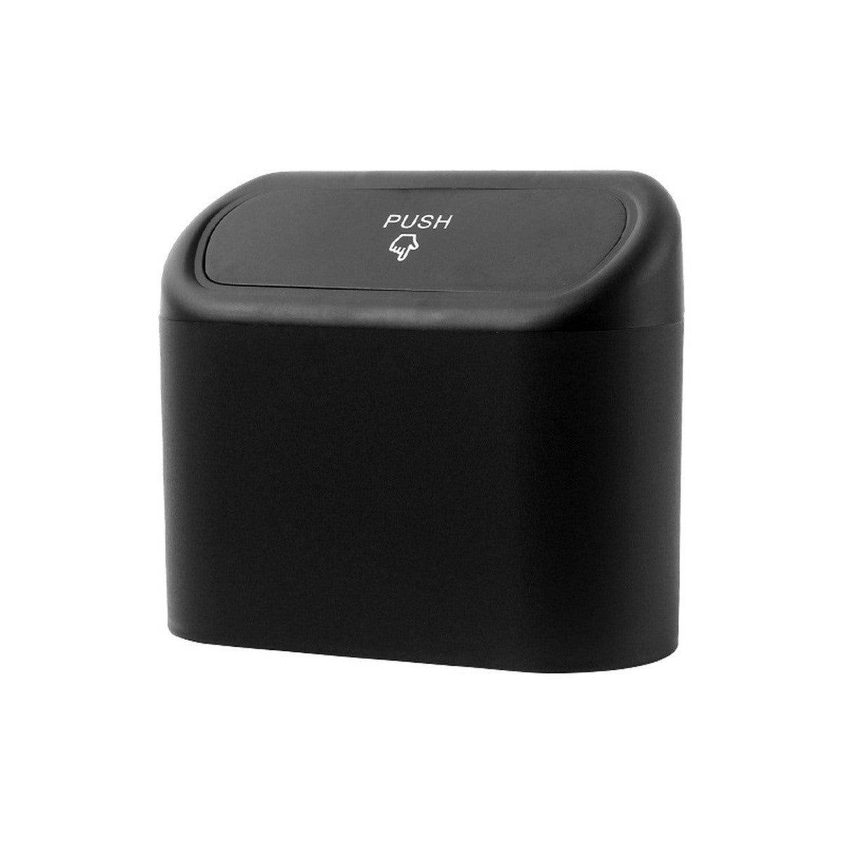 Black mini car garbage bin with PUSH lid on white background