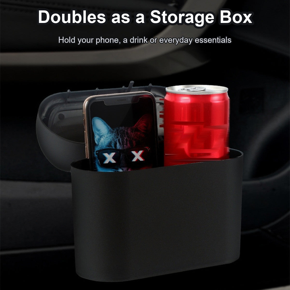 Car trash can doubling as a storage box holding a phone and a drink can