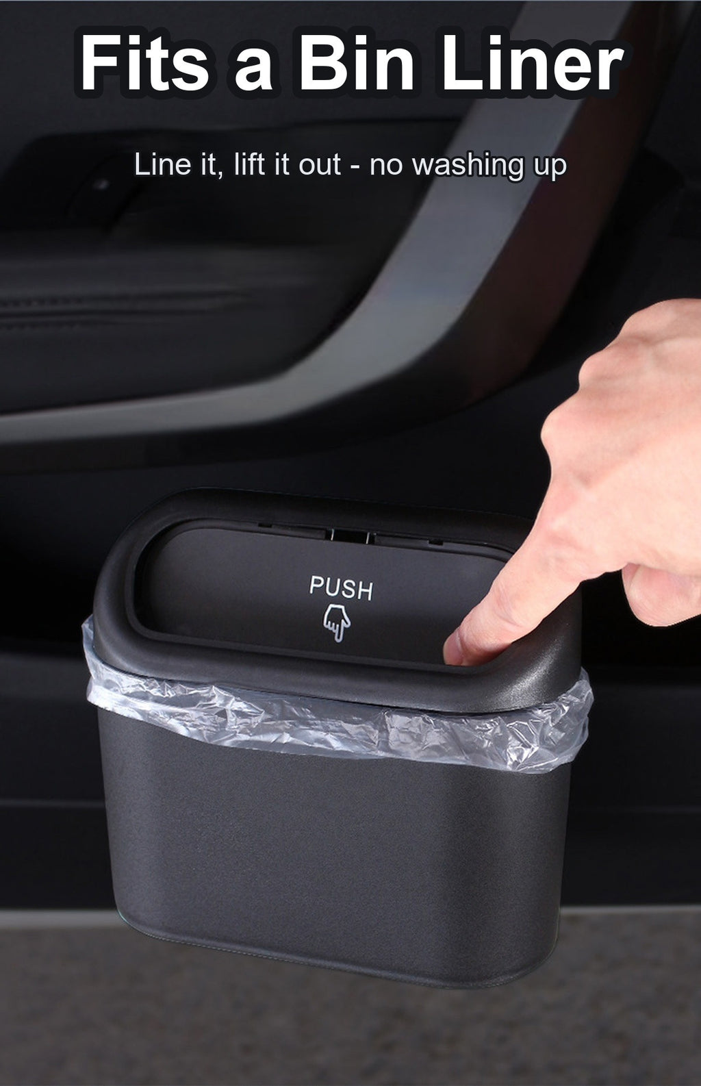 Car trash can fitted with a disposable liner bag for easy cleaning
