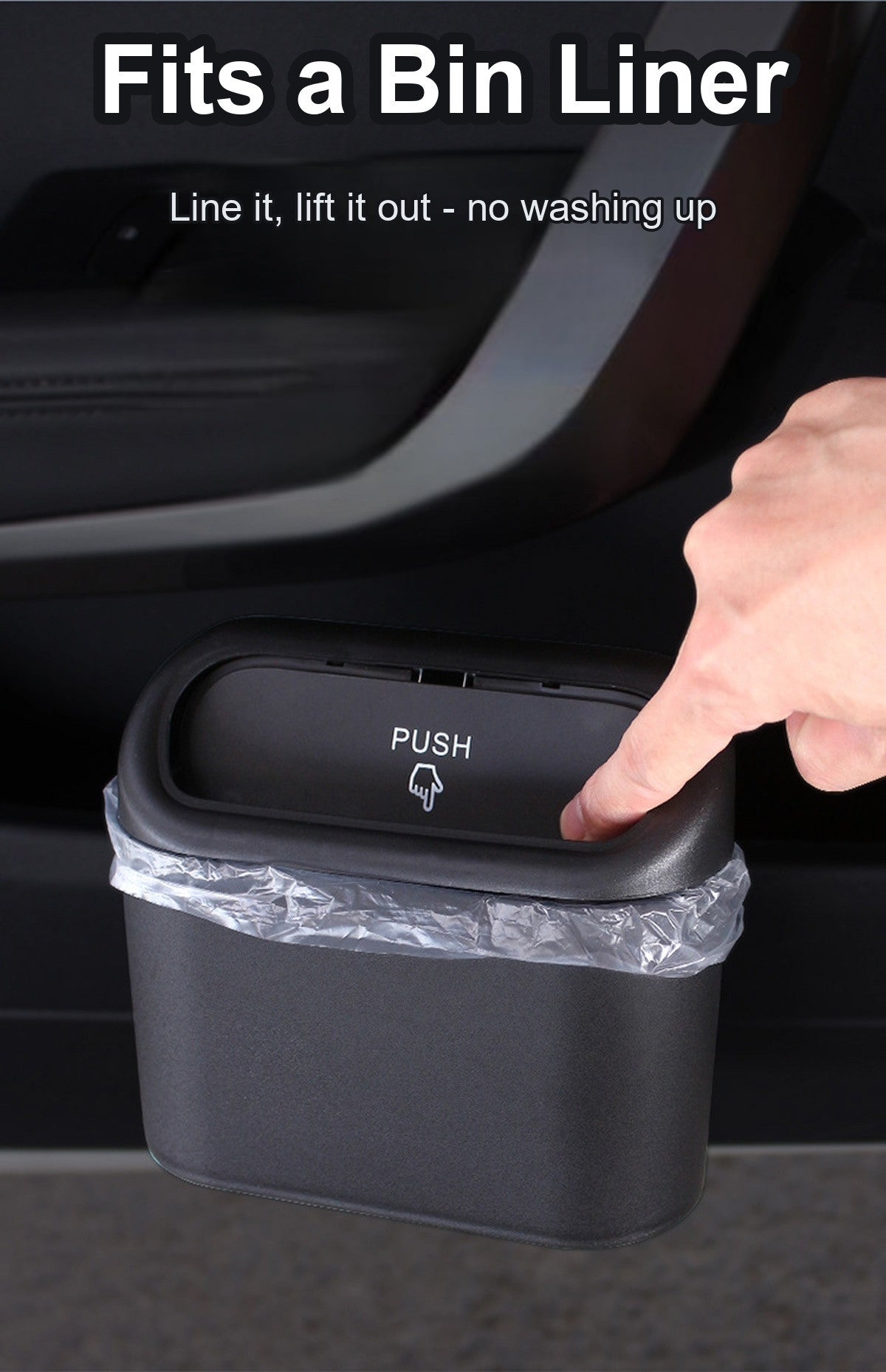 Car trash can fitted with a disposable liner bag for easy cleaning