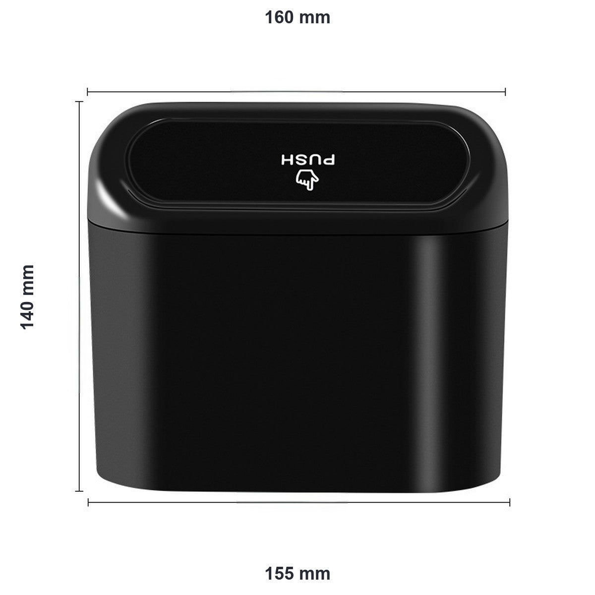 Car trash can size chart with its dimensions marked in millimetres