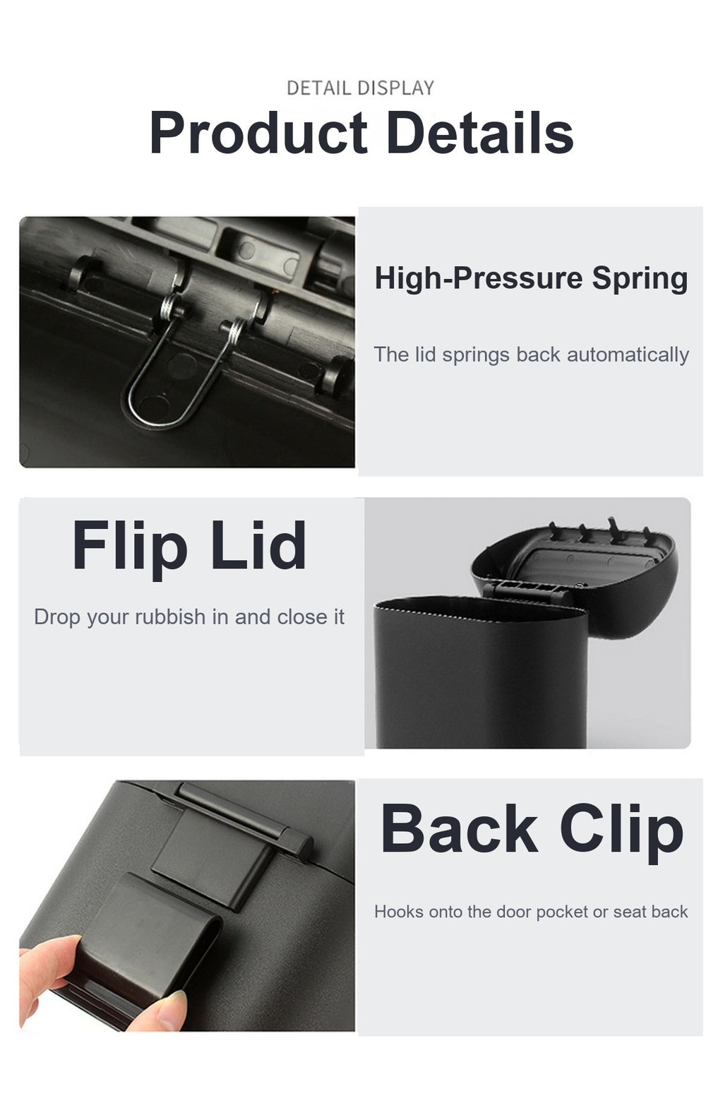 Details - high pressure spring, flip lid and back clip