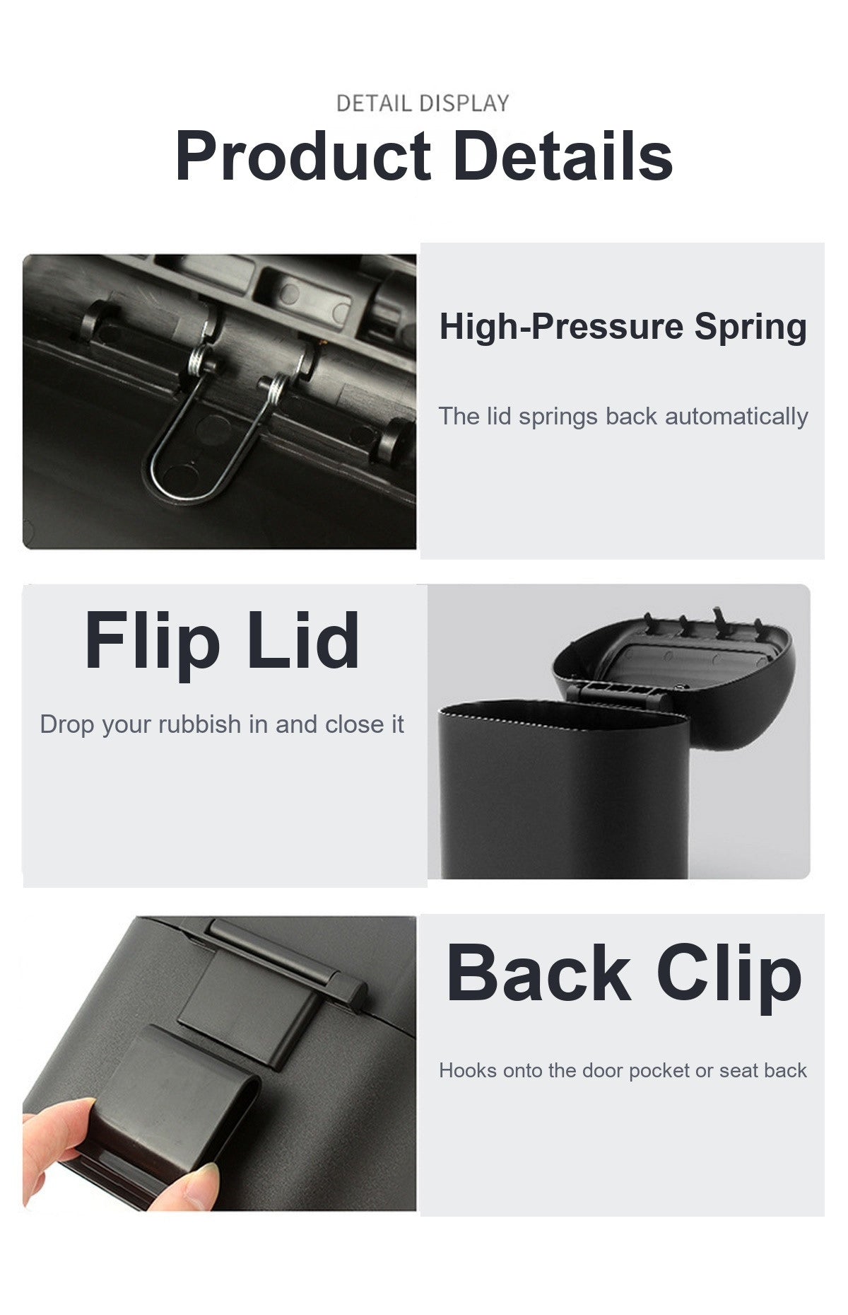Details - high pressure spring, flip lid and back clip