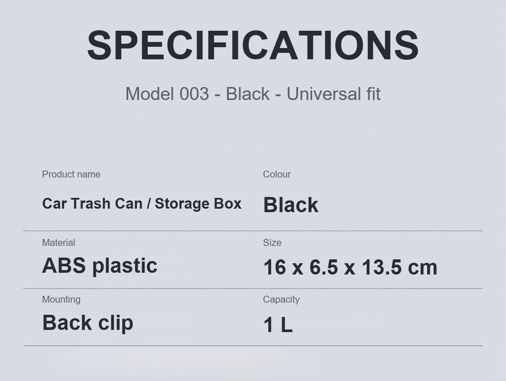 Car trash can product specification sheet